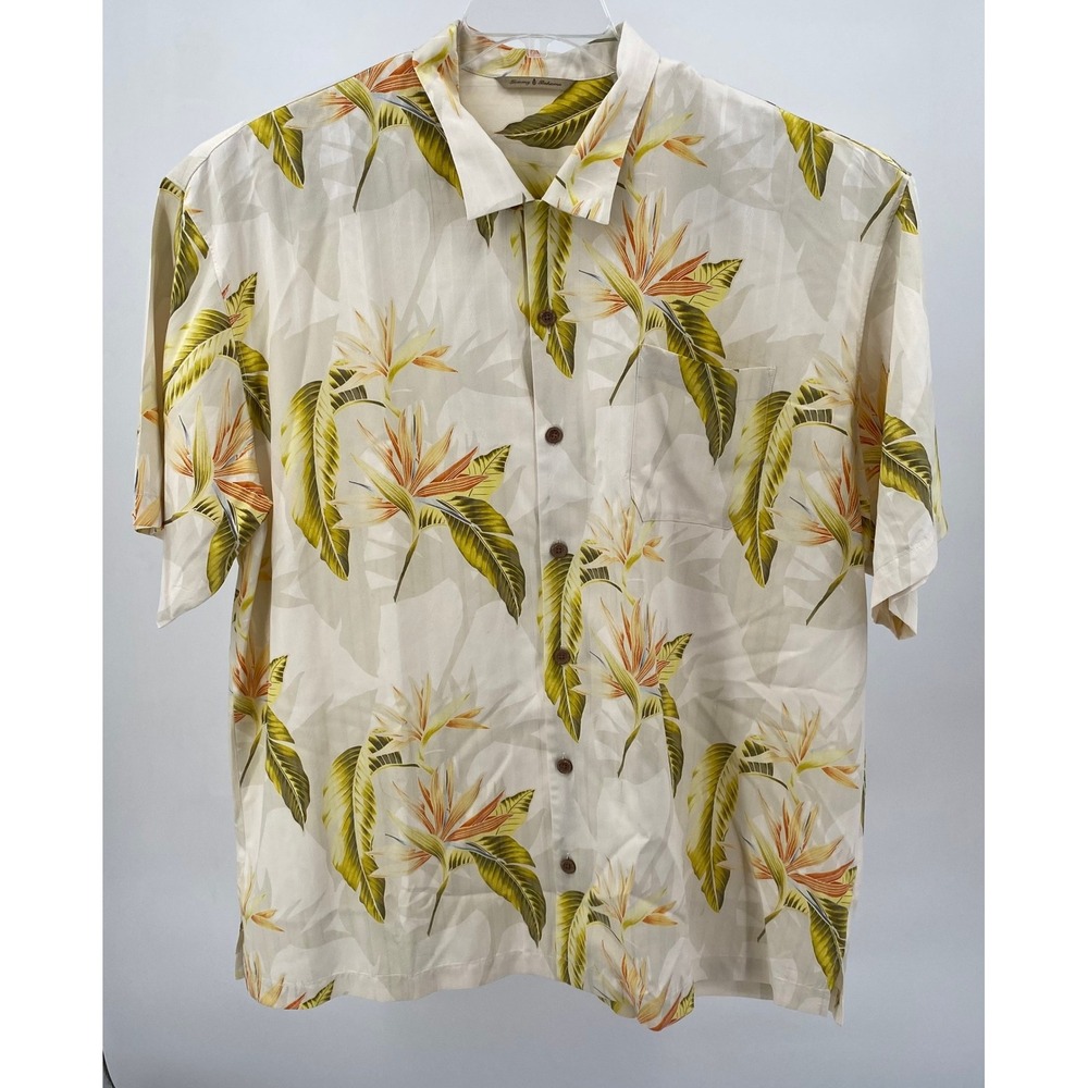 Tommy Bahama Shirt Mens XXL Cream Ivory Bird of Paradise Floral Silk Button Down